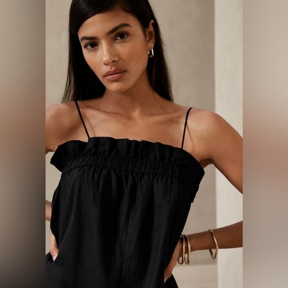 Banana Republic Linen Blend Wide Leg Ruffle Neckline Jumpsuit Black Size Small - Picture 2 of 14